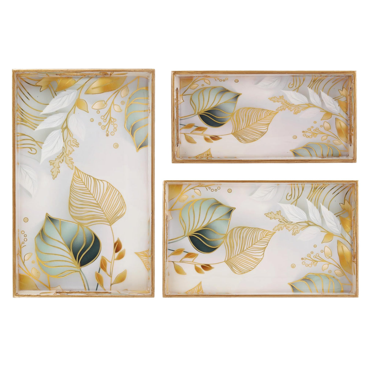 MDF Wooden Serving Tray Set of 3 with Easy-Grip Handles – Enamelled Finished (16x10, 14x8, 12x6 Inches) – Decorative Serving Trays for Kitchen, Coffee Table & Home Decoration (Bird Blue Sets)
