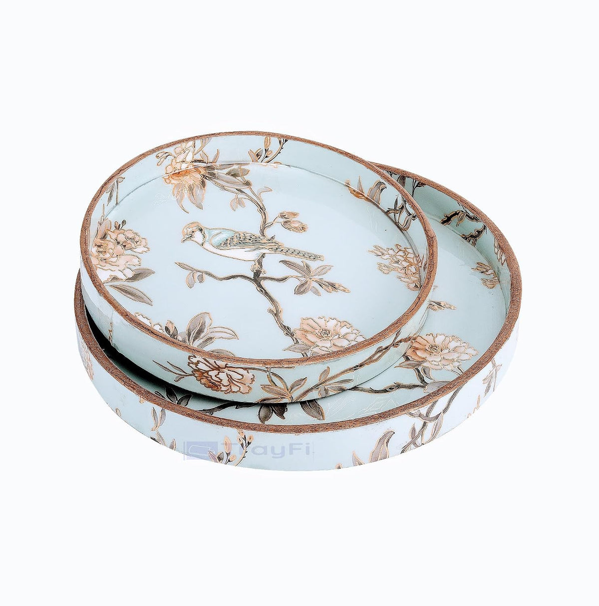 MDF Round Wooden Serving Tray | Pack of 2 | Enamel Finished Trays - Size : 9x9, 7x7 Inches | Handcrafted Wooden Tray for Kitchen & Dining (Blue Birds)