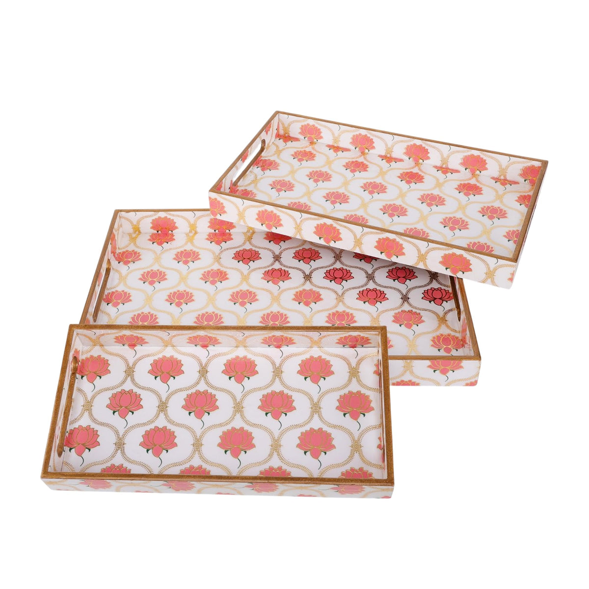 MDF Wooden Serving Tray Set of 3 with Easy-Grip Handles – Enamelled Finished (16x10, 14x8, 12x6 Inches) – Decorative Serving Trays for Kitchen, Coffee Table & Home Decoration (Bird Blue Sets)