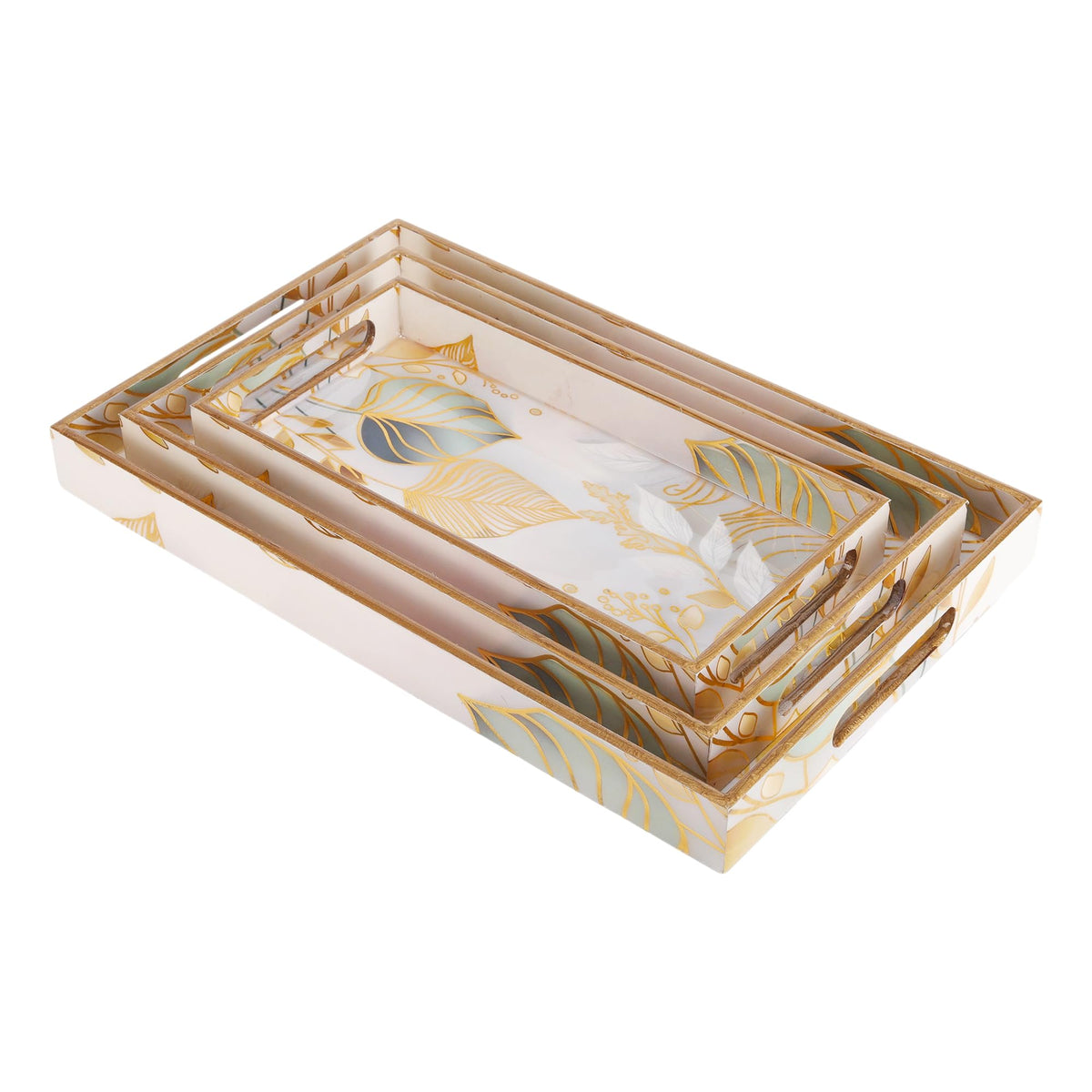 Rectangular Wooden MDF Serving Trays Set of 3 (16x10, 14x8, 12x6 Inches) – Enamelled Finish with Easy-Grip Handles, Perfect for Dining, Tea, Snacks & Home Decor (Royal Elephant)