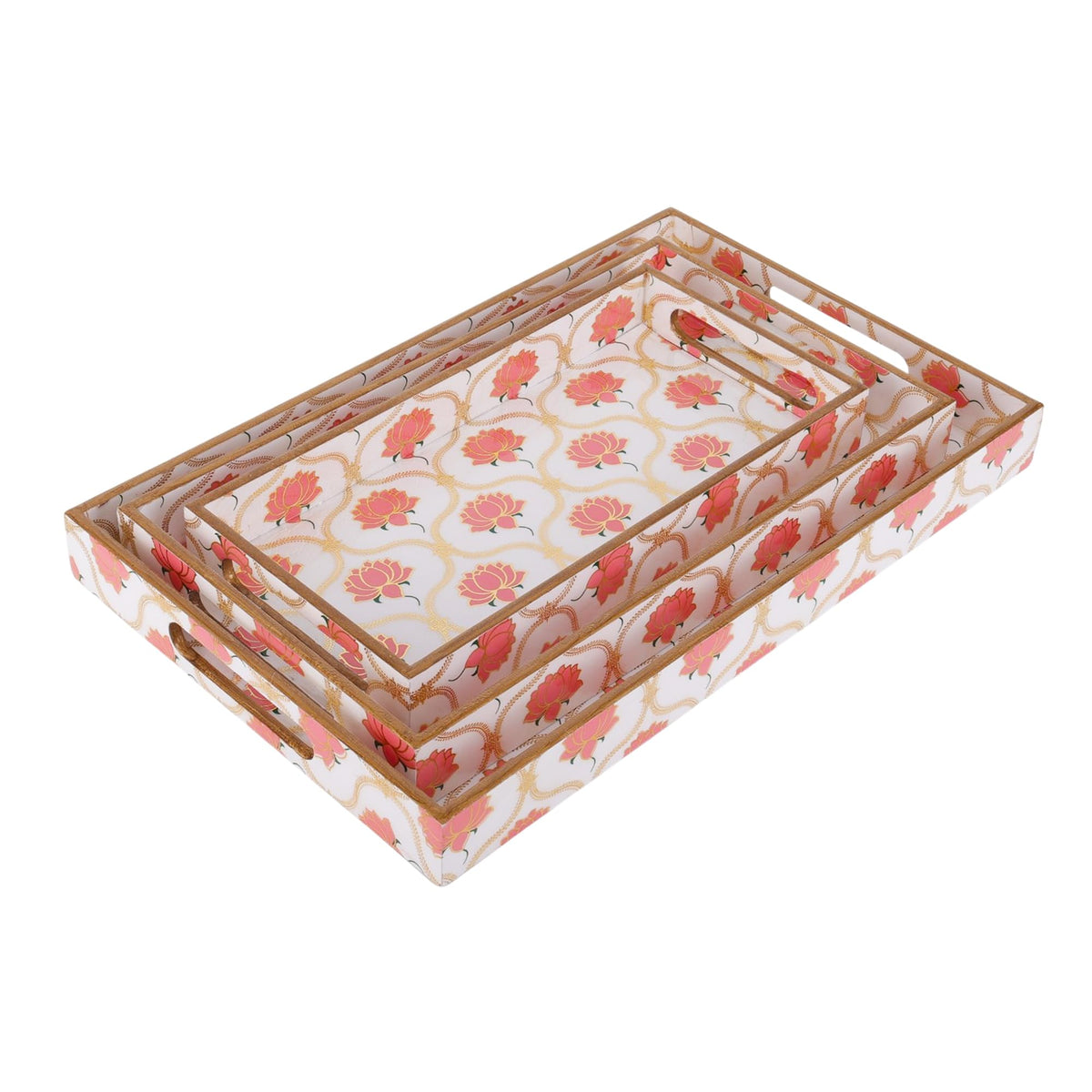 MDF Wooden Serving Tray Set of 3 with Easy-Grip Handles – Enamelled Finished (16x10, 14x8, 12x6 Inches) – Decorative Serving Trays for Kitchen, Coffee Table & Home Decoration (Bird Blue Sets)