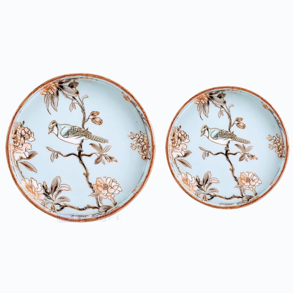 MDF Round Wooden Serving Tray | Pack of 2 | Enamel Finished Trays - Size : 9x9, 7x7 Inches | Handcrafted Wooden Tray for Kitchen & Dining (Blue Birds)
