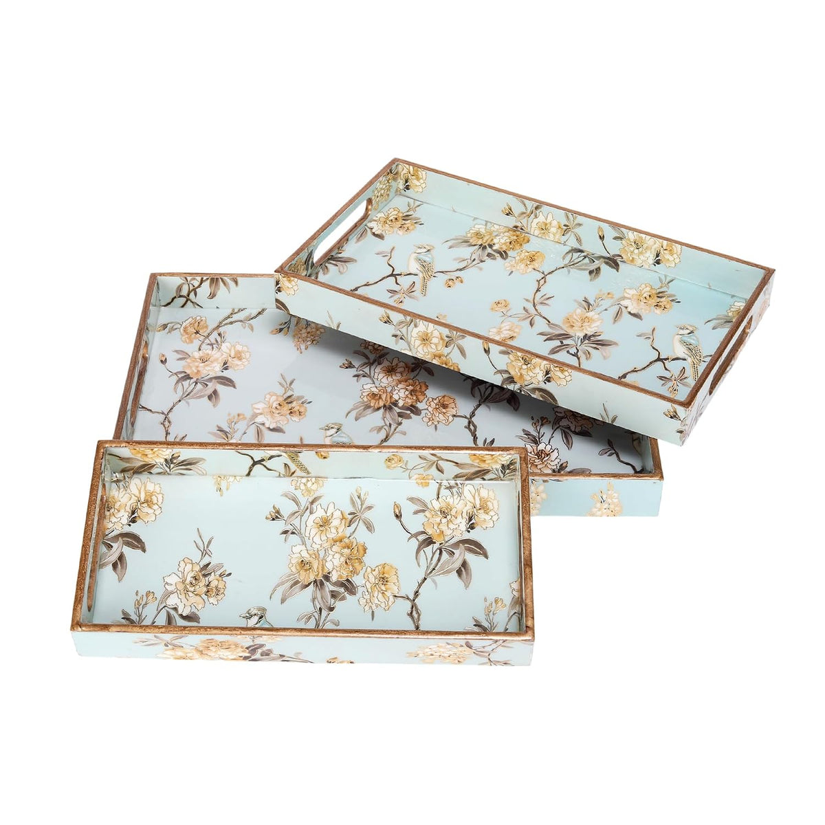 MDF Wooden Serving Tray Set of 3 with Easy-Grip Handles – Enamelled Finished (16x10, 14x8, 12x6 Inches) – Decorative Serving Trays for Kitchen, Coffee Table & Home Decoration (Bird Blue Sets)