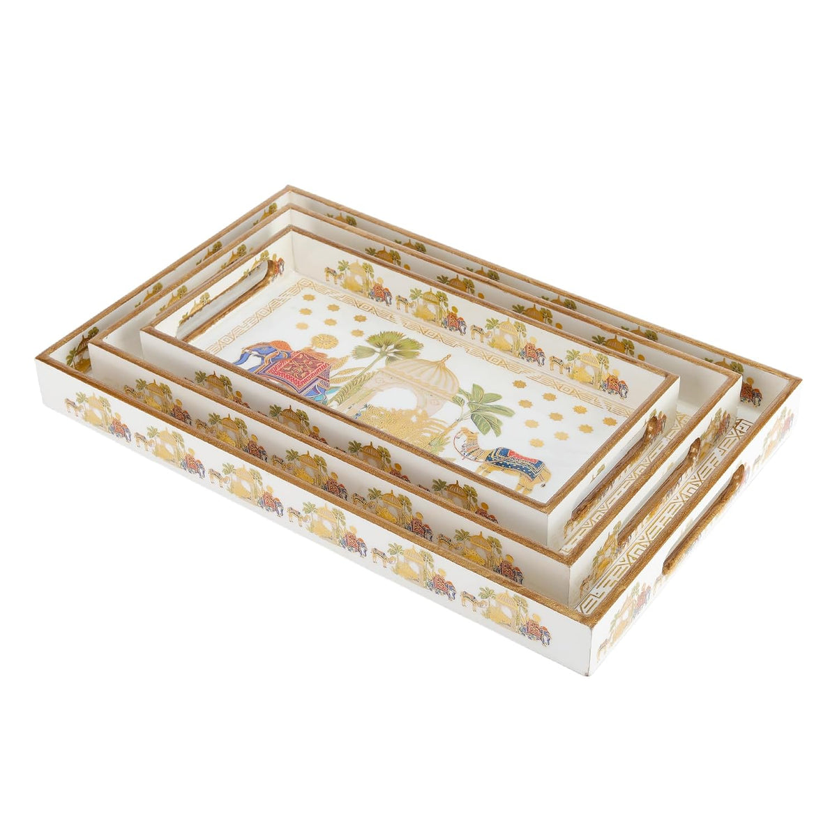 Rectangular Wooden MDF Serving Trays Set of 3 (16x10, 14x8, 12x6 Inches) – Enamelled Finish with Easy-Grip Handles, Perfect for Dining, Tea, Snacks & Home Decor (Royal Elephant)
