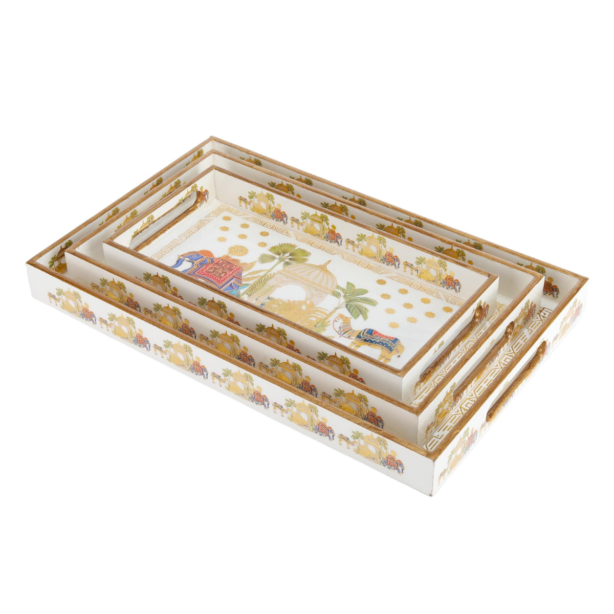 MDF Wooden Serving Tray Set of 3 with Easy-Grip Handles – Enamelled Finished (16x10, 14x8, 12x6 Inches) – Decorative Serving Trays for Kitchen, Coffee Table & Home Decoration (Bird Blue Sets)