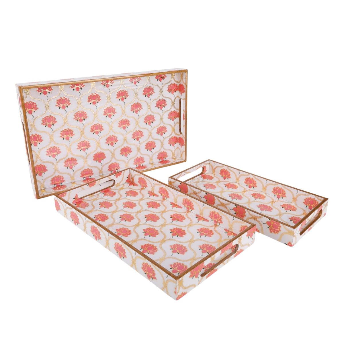 MDF Wooden Serving Tray Set of 3 with Easy-Grip Handles – Enamelled Finished (16x10, 14x8, 12x6 Inches) – Decorative Serving Trays for Kitchen, Coffee Table & Home Decoration (Bird Blue Sets)