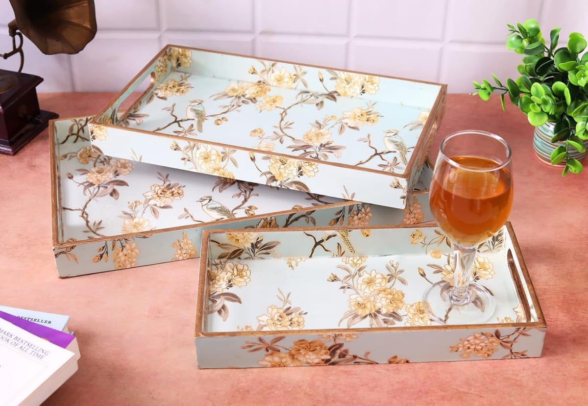 MDF Wooden Serving Tray Set of 3 with Easy-Grip Handles – Enamelled Finished (16x10, 14x8, 12x6 Inches) – Decorative Serving Trays for Kitchen, Coffee Table & Home Decoration (Bird Blue Sets)