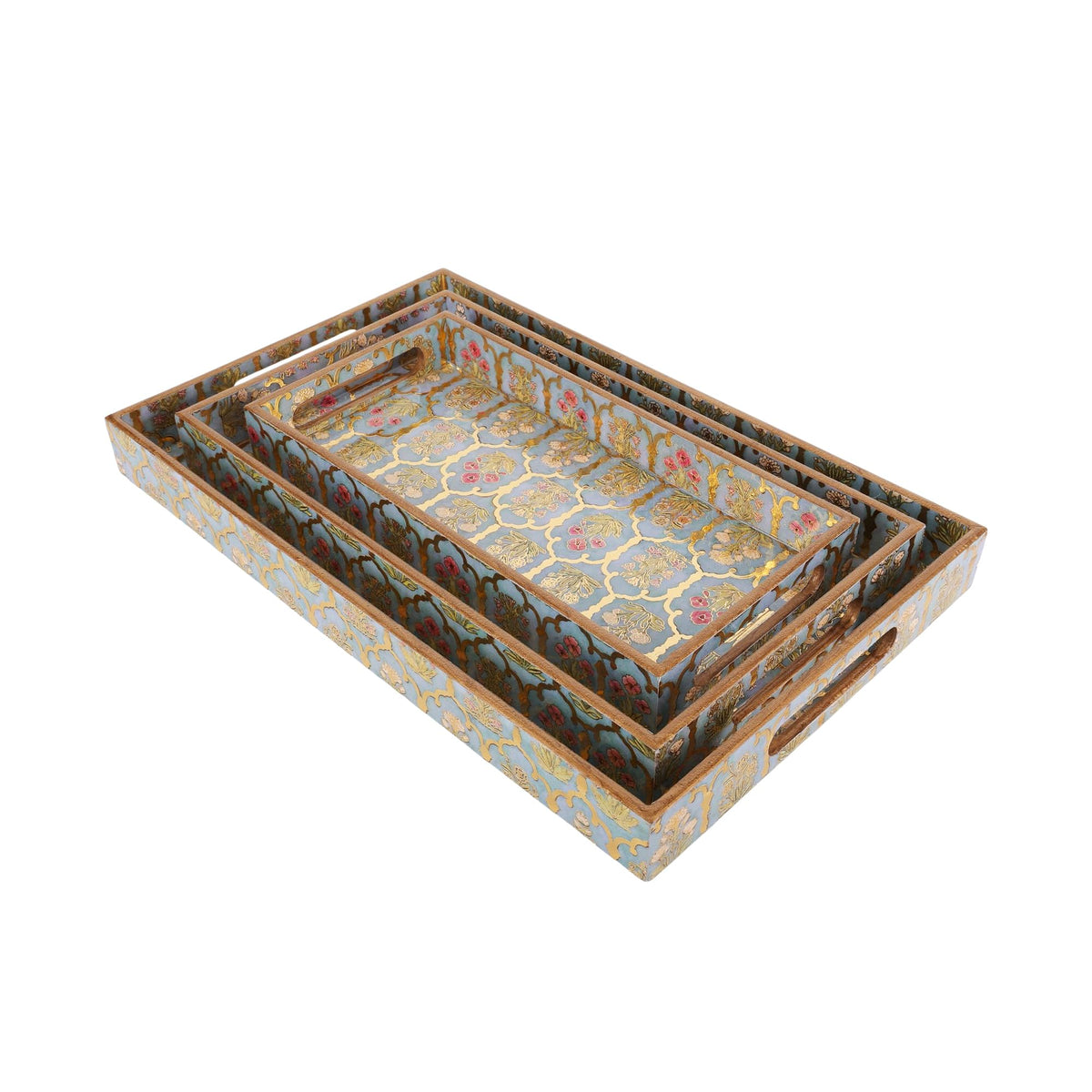MDF Wooden Serving Tray Set of 3 with Easy-Grip Handles – Enamelled Finished (16x10, 14x8, 12x6 Inches) – Decorative Serving Trays for Kitchen, Coffee Table & Home Decoration (Bird Blue Sets)