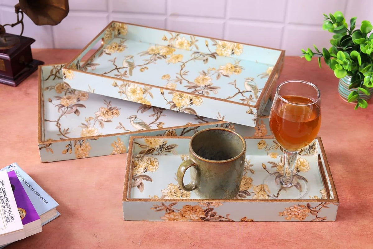 MDF Wooden Serving Tray Set of 3 with Easy-Grip Handles – Enamelled Finished (16x10, 14x8, 12x6 Inches) – Decorative Serving Trays for Kitchen, Coffee Table & Home Decoration (Bird Blue Sets)