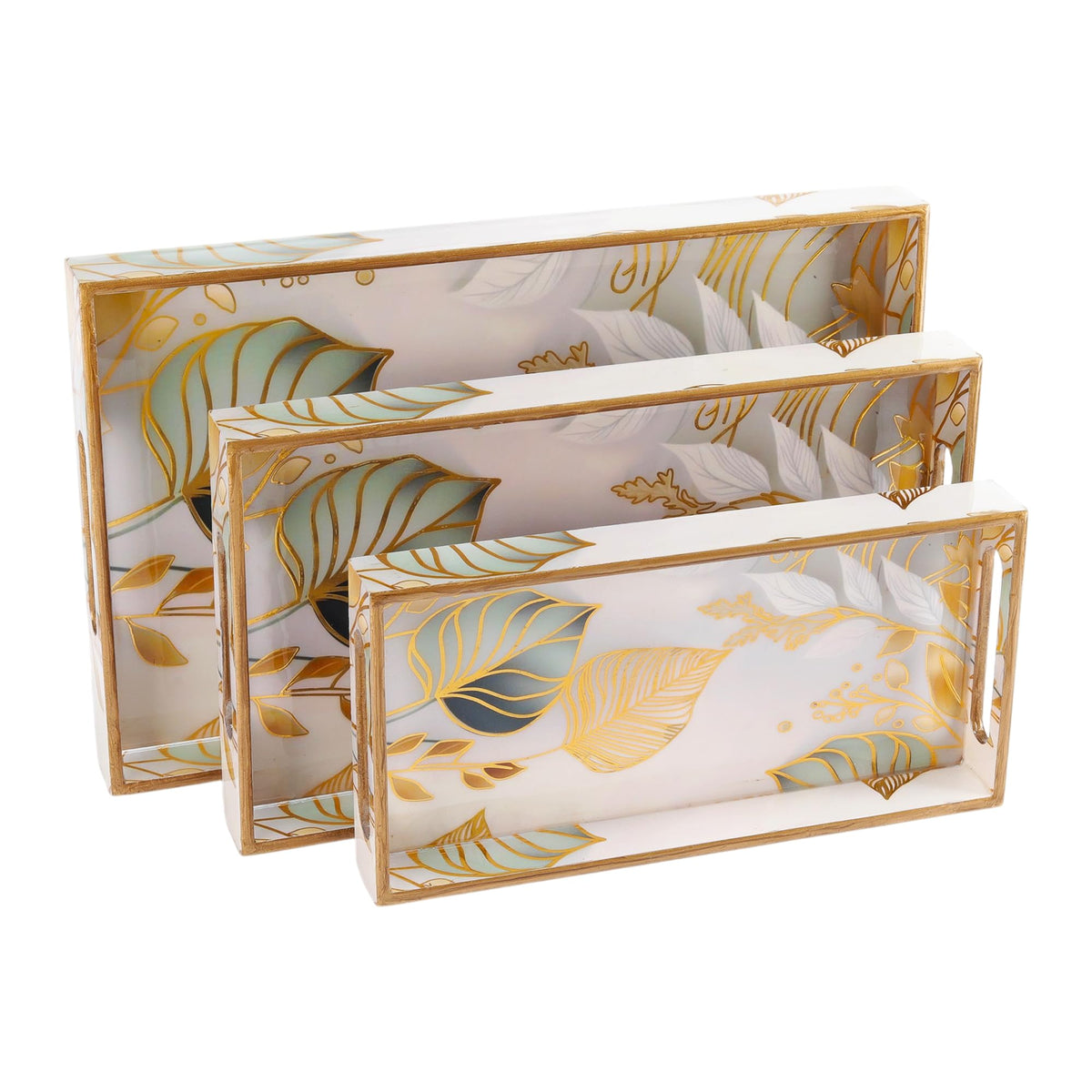 Rectangular Wooden MDF Serving Trays Set of 3 (16x10, 14x8, 12x6 Inches) – Enamelled Finish with Easy-Grip Handles, Perfect for Dining, Tea, Snacks & Home Decor (Royal Elephant)