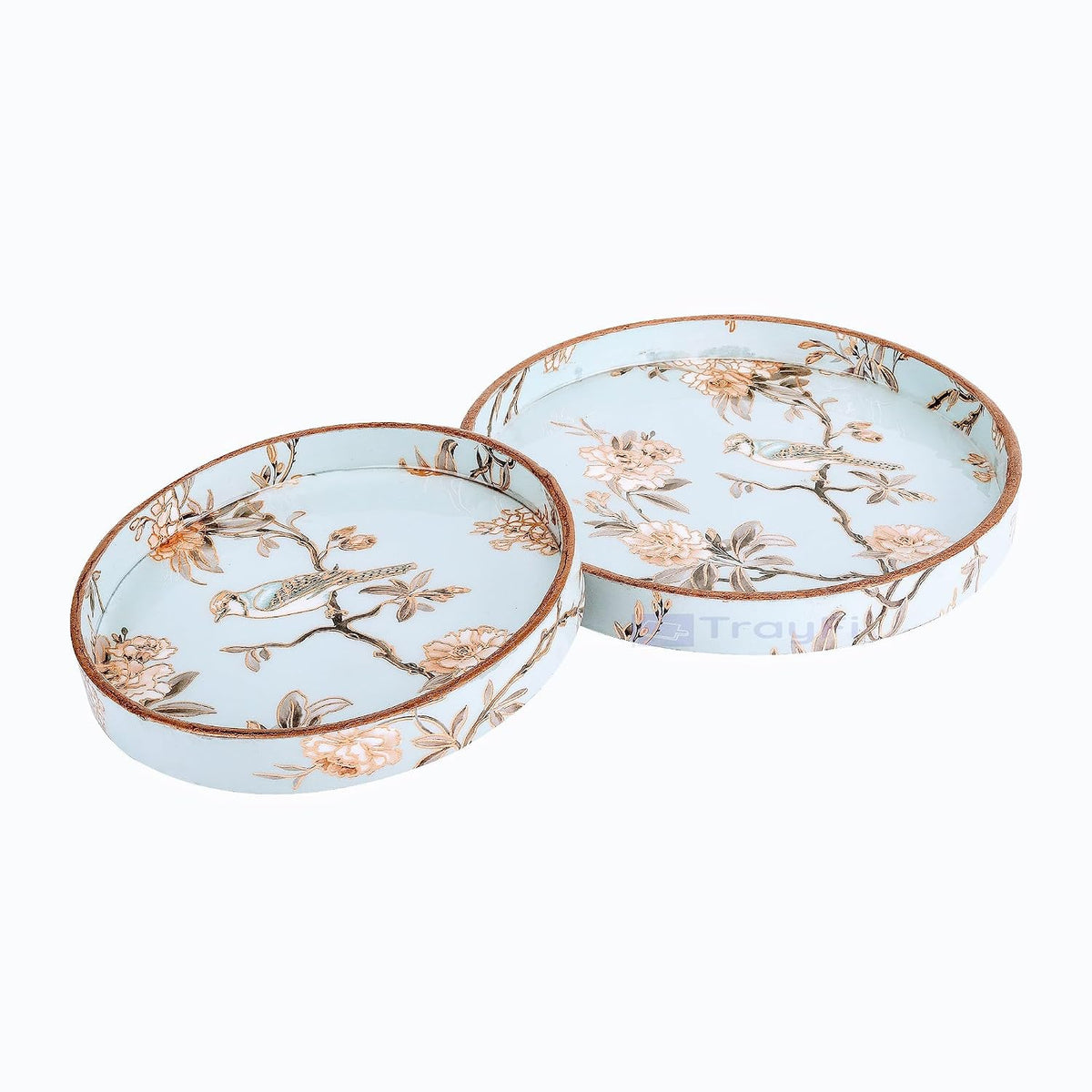 MDF Round Wooden Serving Tray | Pack of 2 | Enamel Finished Trays - Size : 9x9, 7x7 Inches | Handcrafted Wooden Tray for Kitchen & Dining (Blue Birds)