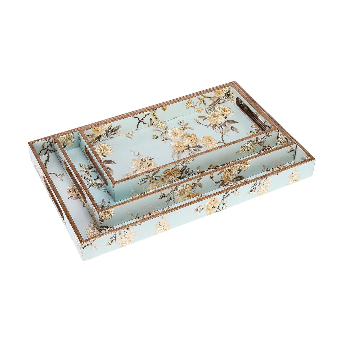 MDF Wooden Serving Tray Set of 3 with Easy-Grip Handles – Enamelled Finished (16x10, 14x8, 12x6 Inches) – Decorative Serving Trays for Kitchen, Coffee Table & Home Decoration (Bird Blue Sets)