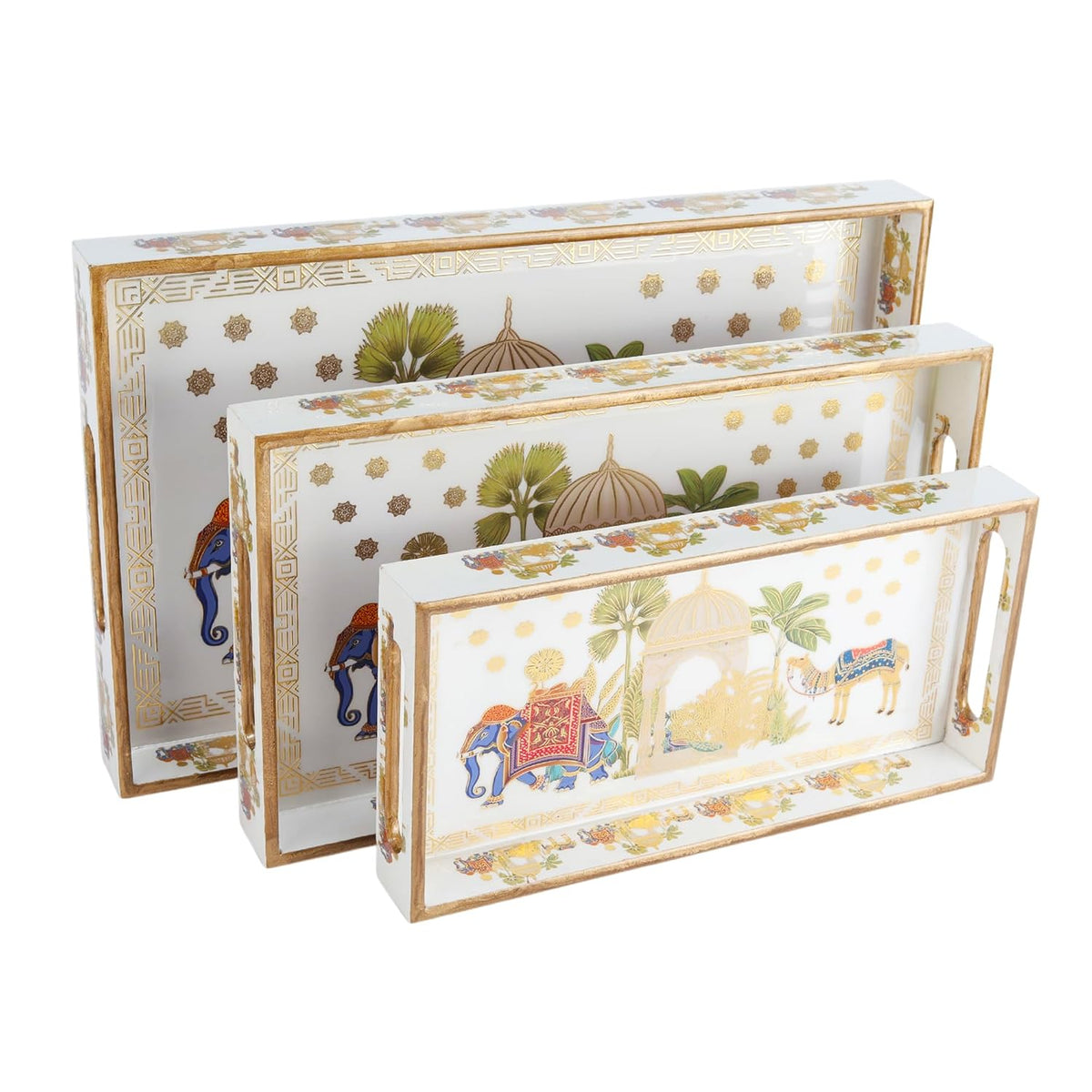 Rectangular Wooden MDF Serving Trays Set of 3 (16x10, 14x8, 12x6 Inches) – Enamelled Finish with Easy-Grip Handles, Perfect for Dining, Tea, Snacks & Home Decor (Royal Elephant)