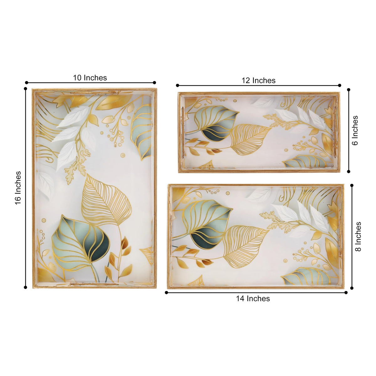 MDF Wooden Serving Tray Set of 3 with Easy-Grip Handles – Enamelled Finished (16x10, 14x8, 12x6 Inches) – Decorative Serving Trays for Kitchen, Coffee Table & Home Decoration (Bird Blue Sets)
