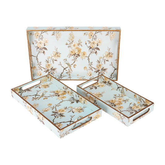 MDF Wooden Serving Tray Set of 3 with Easy-Grip Handles – Enamelled Finished (16x10, 14x8, 12x6 Inches) – Decorative Serving Trays for Kitchen, Coffee Table & Home Decoration (Bird Blue Sets)