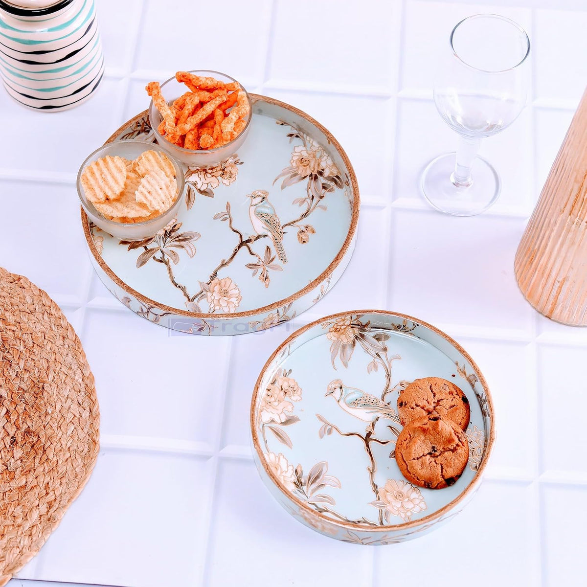 MDF Round Wooden Serving Tray | Pack of 2 | Enamel Finished Trays - Size : 9x9, 7x7 Inches | Handcrafted Wooden Tray for Kitchen & Dining (Blue Birds)