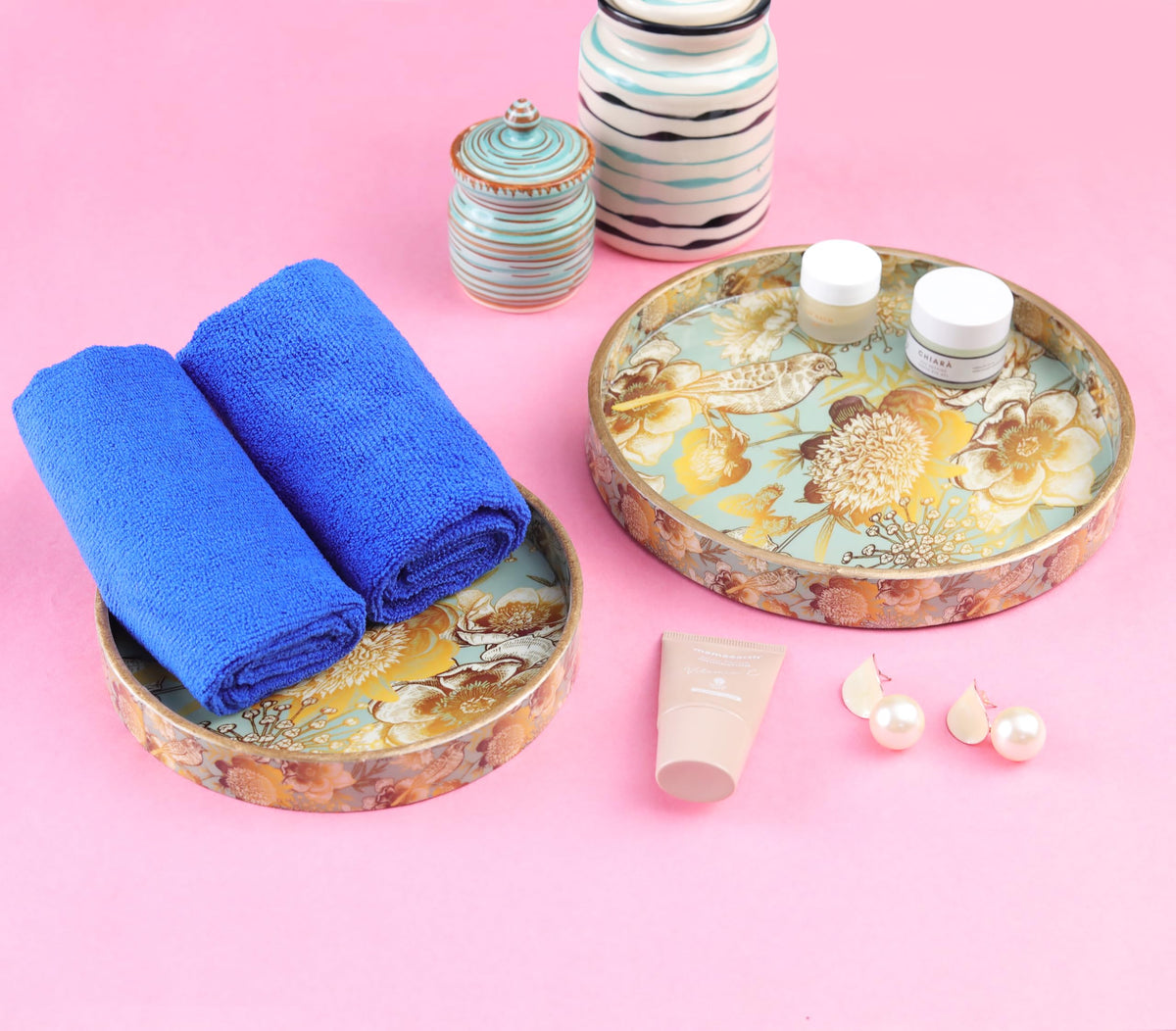 MDF Round Wooden Serving Tray | Pack of 2 | Enamel Finished Trays - Size : 9x9, 7x7 Inches | Handcrafted Wooden Tray for Kitchen & Dining (Blue Birds)