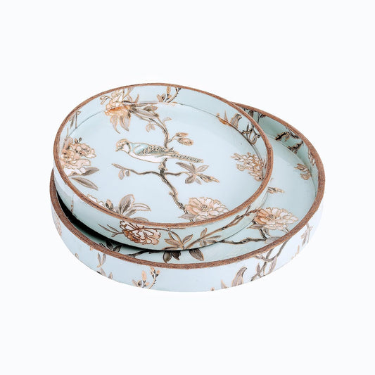 MDF Round Wooden Serving Tray | Pack of 2 | Enamel Finished Trays - Size : 9x9, 7x7 Inches | Handcrafted Wooden Tray for Kitchen & Dining (Blue Birds)