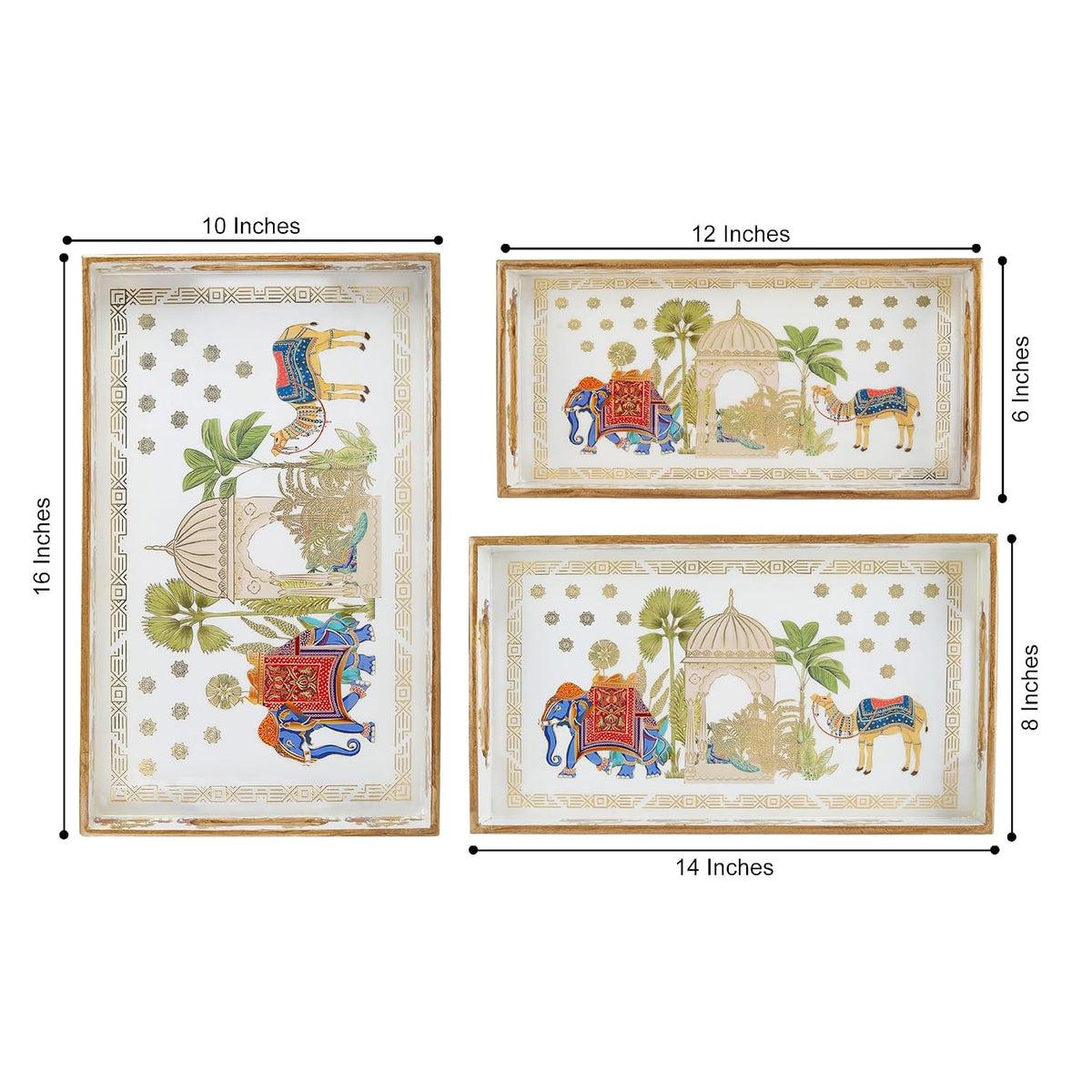 Rectangular Wooden MDF Serving Trays Set of 3 (16x10, 14x8, 12x6 Inches) – Enamelled Finish with Easy-Grip Handles, Perfect for Dining, Tea, Snacks & Home Decor (Royal Elephant)