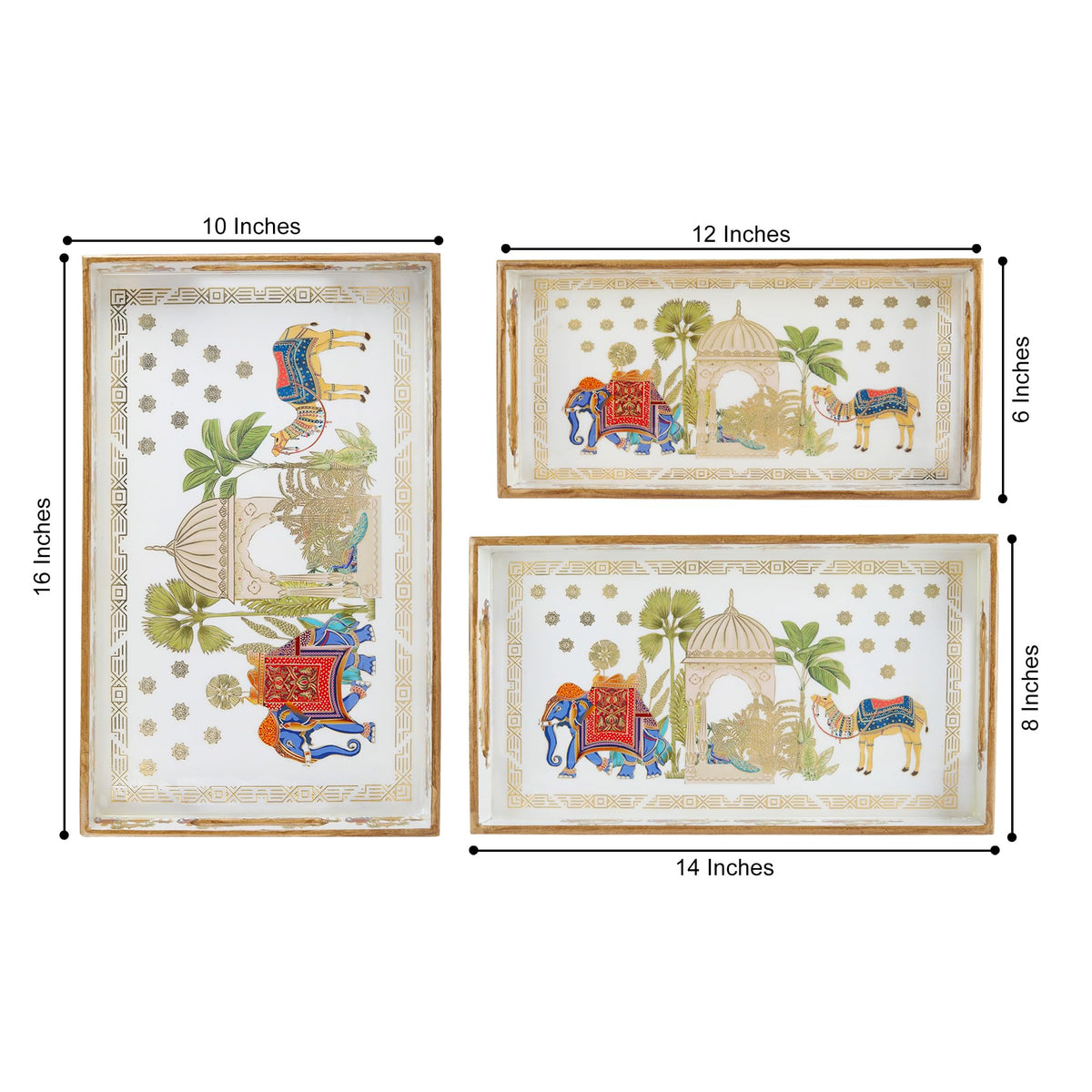 MDF Wooden Serving Tray Set of 3 with Easy-Grip Handles – Enamelled Finished (16x10, 14x8, 12x6 Inches) – Decorative Serving Trays for Kitchen, Coffee Table & Home Decoration (Bird Blue Sets)