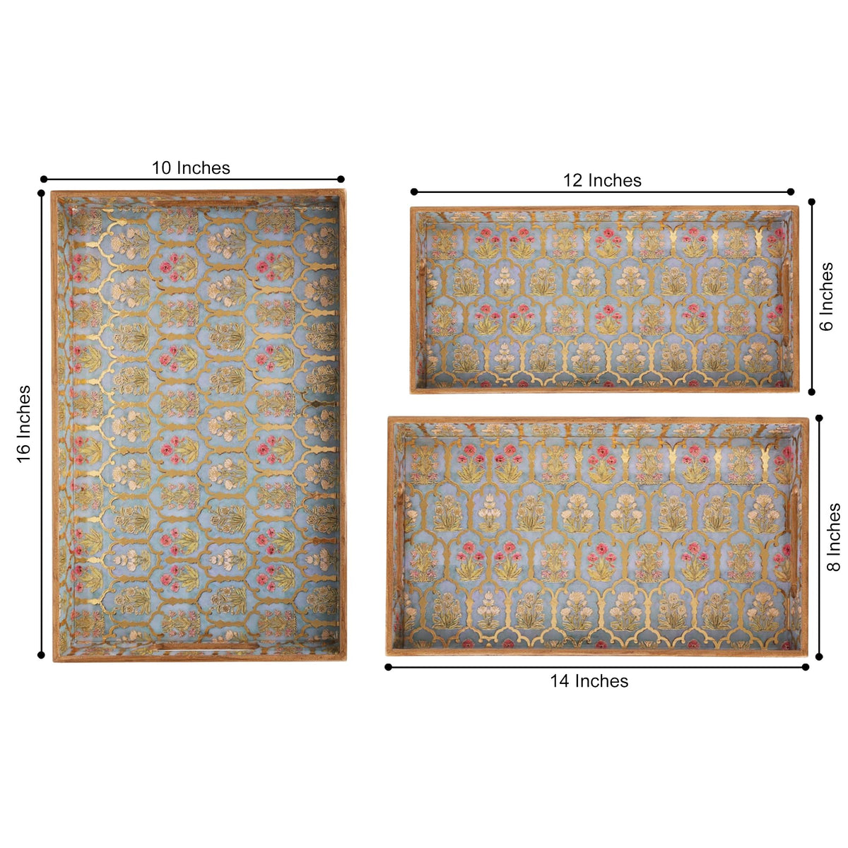 MDF Wooden Serving Tray Set of 3 with Easy-Grip Handles – Enamelled Finished (16x10, 14x8, 12x6 Inches) – Decorative Serving Trays for Kitchen, Coffee Table & Home Decoration (Bird Blue Sets)