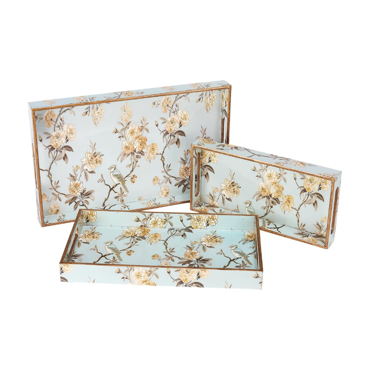 MDF Wooden Serving Tray Set of 3 with Easy-Grip Handles – Enamelled Finished (16x10, 14x8, 12x6 Inches) – Decorative Serving Trays for Kitchen, Coffee Table & Home Decoration (Bird Blue Sets)