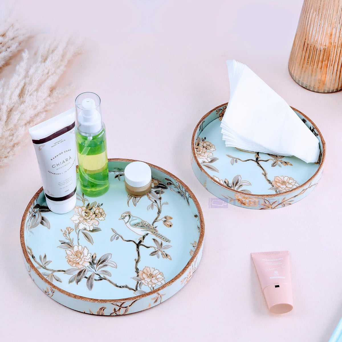 MDF Round Wooden Serving Tray | Pack of 2 | Enamel Finished Trays - Size : 9x9, 7x7 Inches | Handcrafted Wooden Tray for Kitchen & Dining (Blue Birds)