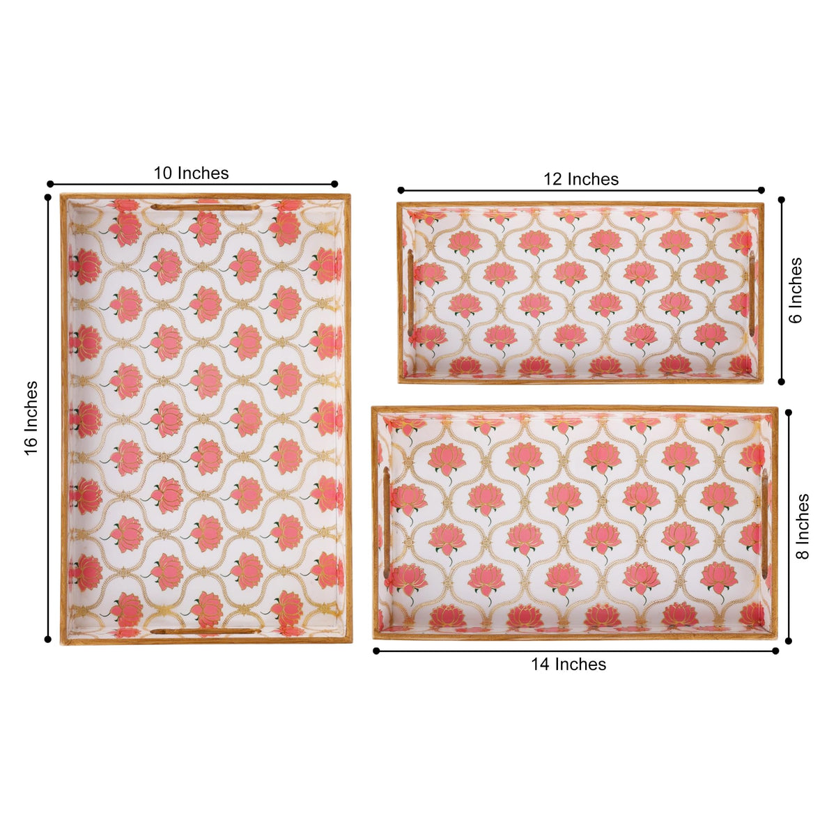 MDF Wooden Serving Tray Set of 3 with Easy-Grip Handles – Enamelled Finished (16x10, 14x8, 12x6 Inches) – Decorative Serving Trays for Kitchen, Coffee Table & Home Decoration (Bird Blue Sets)