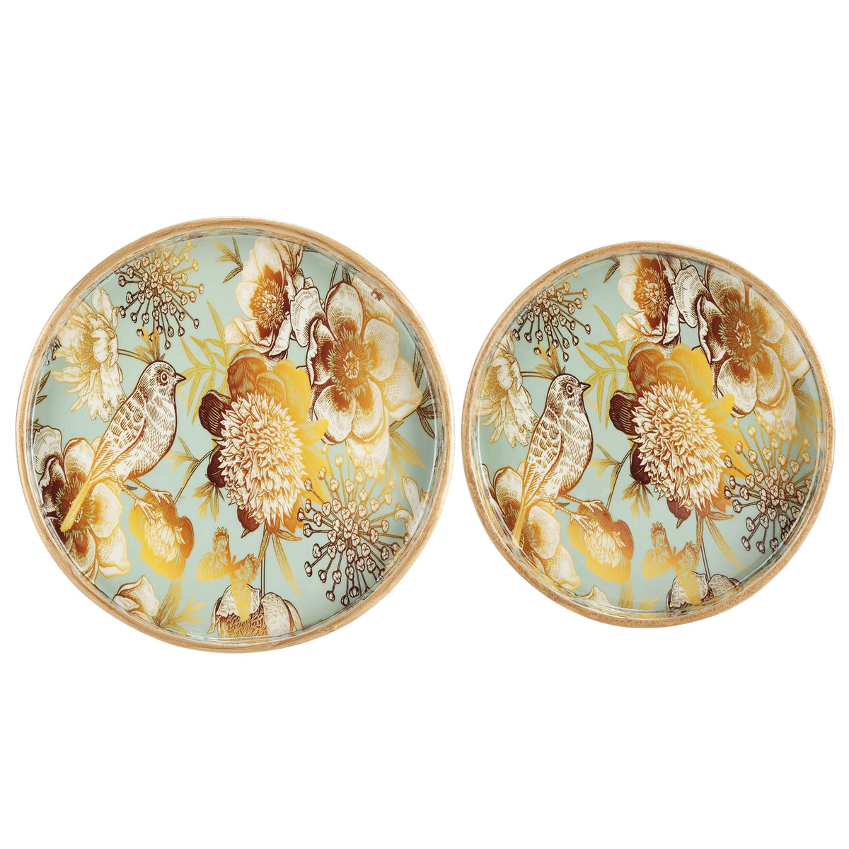 MDF Round Wooden Serving Tray | Pack of 2 | Enamel Finished Trays - Size : 9x9, 7x7 Inches | Handcrafted Wooden Tray for Kitchen & Dining (Blue Birds)