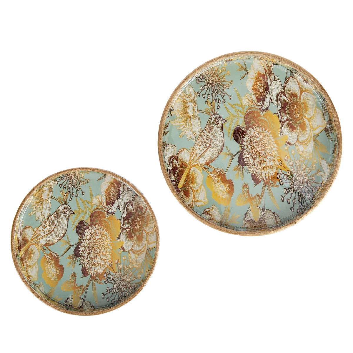 MDF Round Wooden Serving Tray | Pack of 2 | Enamel Finished Trays - Size : 9x9, 7x7 Inches | Handcrafted Wooden Tray for Kitchen & Dining (Blue Birds)