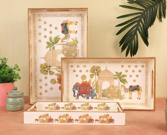 Rectangular Wooden MDF Serving Trays Set of 3 (16x10, 14x8, 12x6 Inches) – Enamelled Finish with Easy-Grip Handles, Perfect for Dining, Tea, Snacks & Home Decor (Royal Elephant)