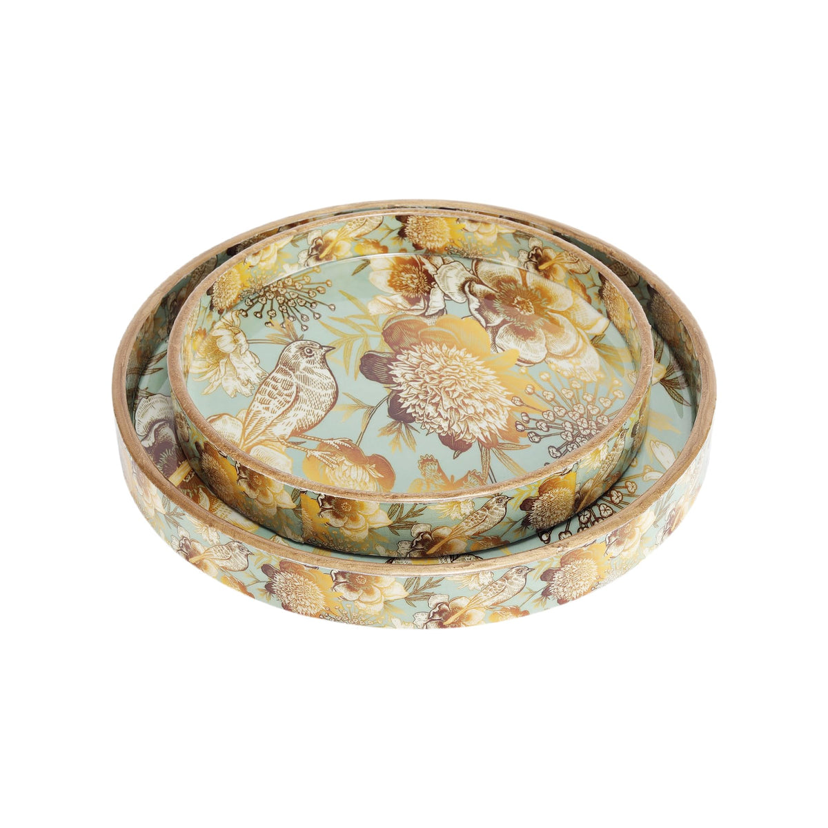 MDF Round Wooden Serving Tray | Pack of 2 | Enamel Finished Trays - Size : 9x9, 7x7 Inches | Handcrafted Wooden Tray for Kitchen & Dining (Blue Birds)