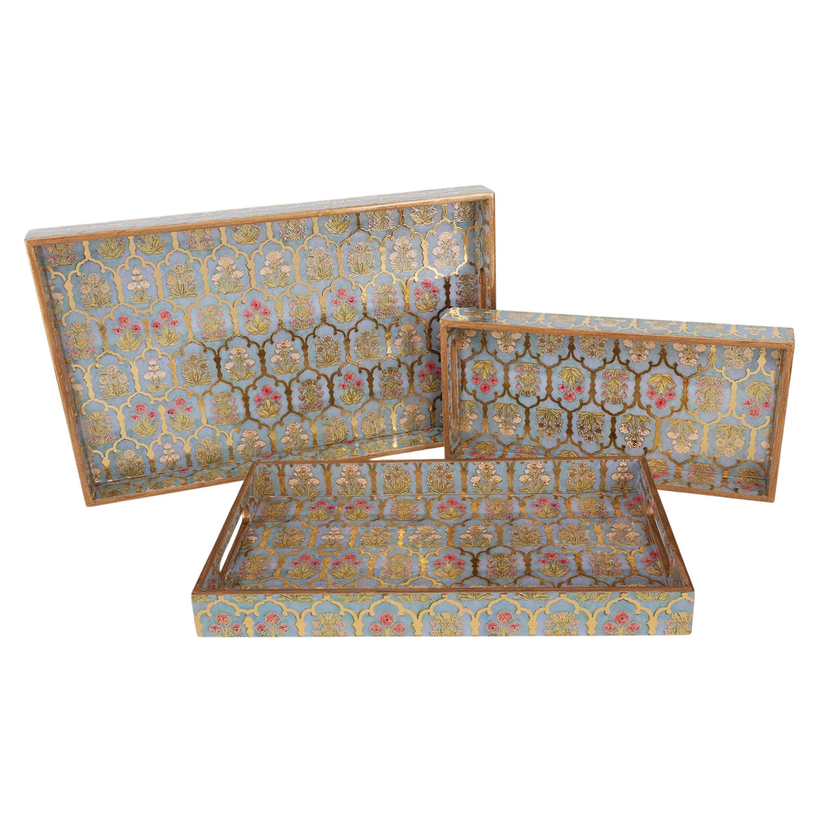 MDF Wooden Serving Tray Set of 3 with Easy-Grip Handles – Enamelled Finished (16x10, 14x8, 12x6 Inches) – Decorative Serving Trays for Kitchen, Coffee Table & Home Decoration (Bird Blue Sets)