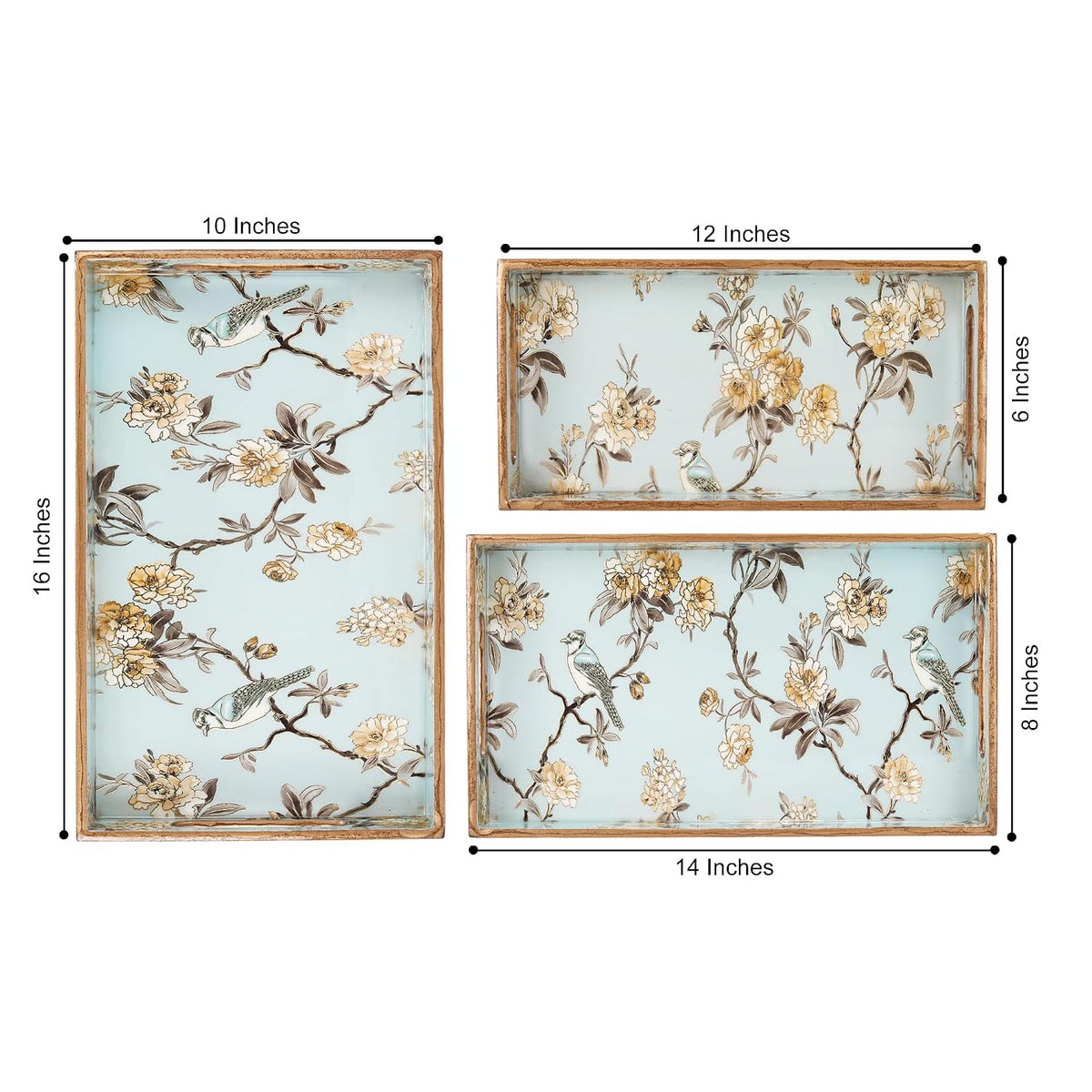MDF Wooden Serving Tray Set of 3 with Easy-Grip Handles – Enamelled Finished (16x10, 14x8, 12x6 Inches) – Decorative Serving Trays for Kitchen, Coffee Table & Home Decoration (Bird Blue Sets)