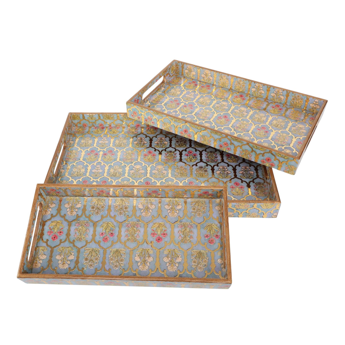 MDF Wooden Serving Tray Set of 3 with Easy-Grip Handles – Enamelled Finished (16x10, 14x8, 12x6 Inches) – Decorative Serving Trays for Kitchen, Coffee Table & Home Decoration (Bird Blue Sets)