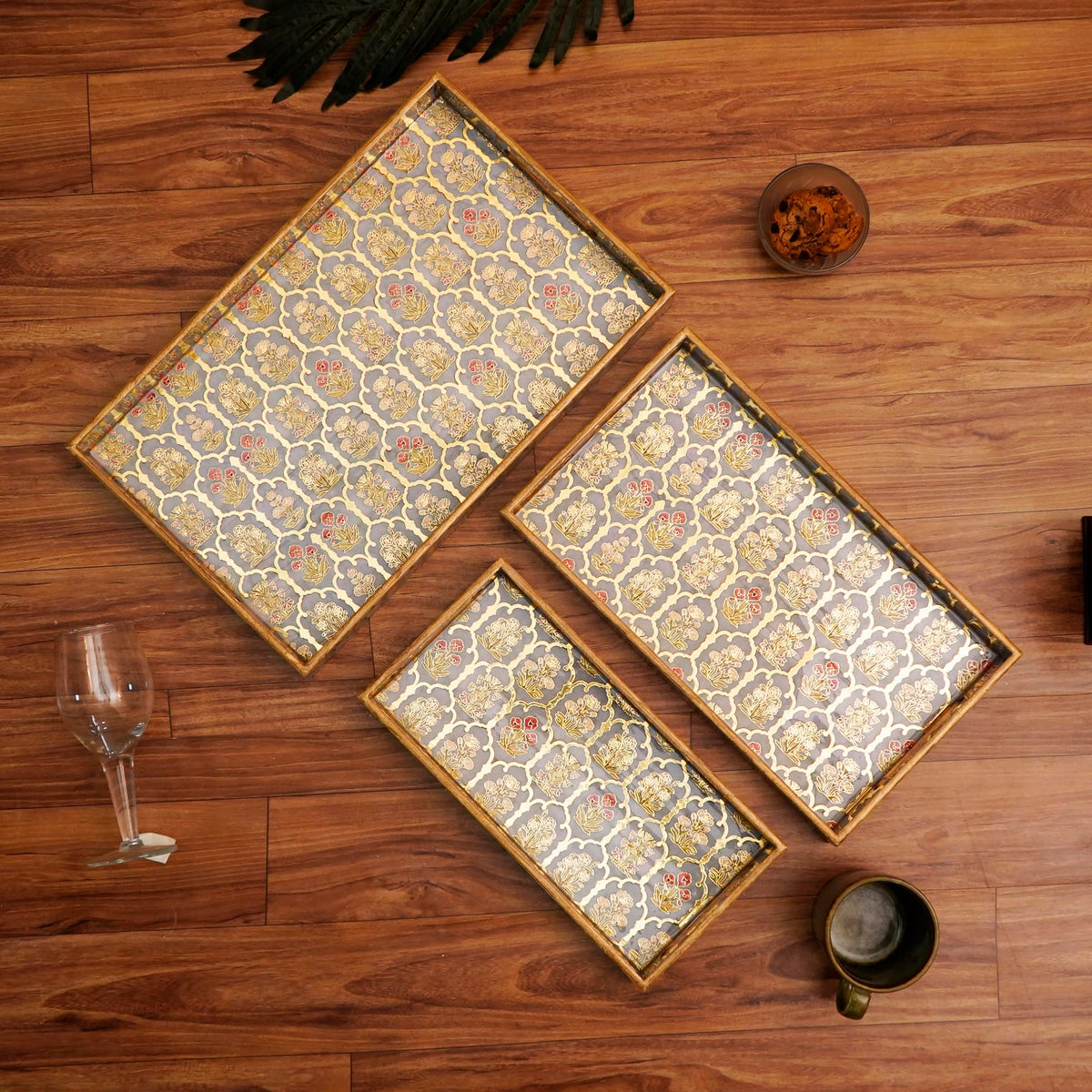MDF Wooden Serving Tray Set of 3 with Easy-Grip Handles – Enamelled Finished (16x10, 14x8, 12x6 Inches) – Decorative Serving Trays for Kitchen, Coffee Table & Home Decoration (Bird Blue Sets)