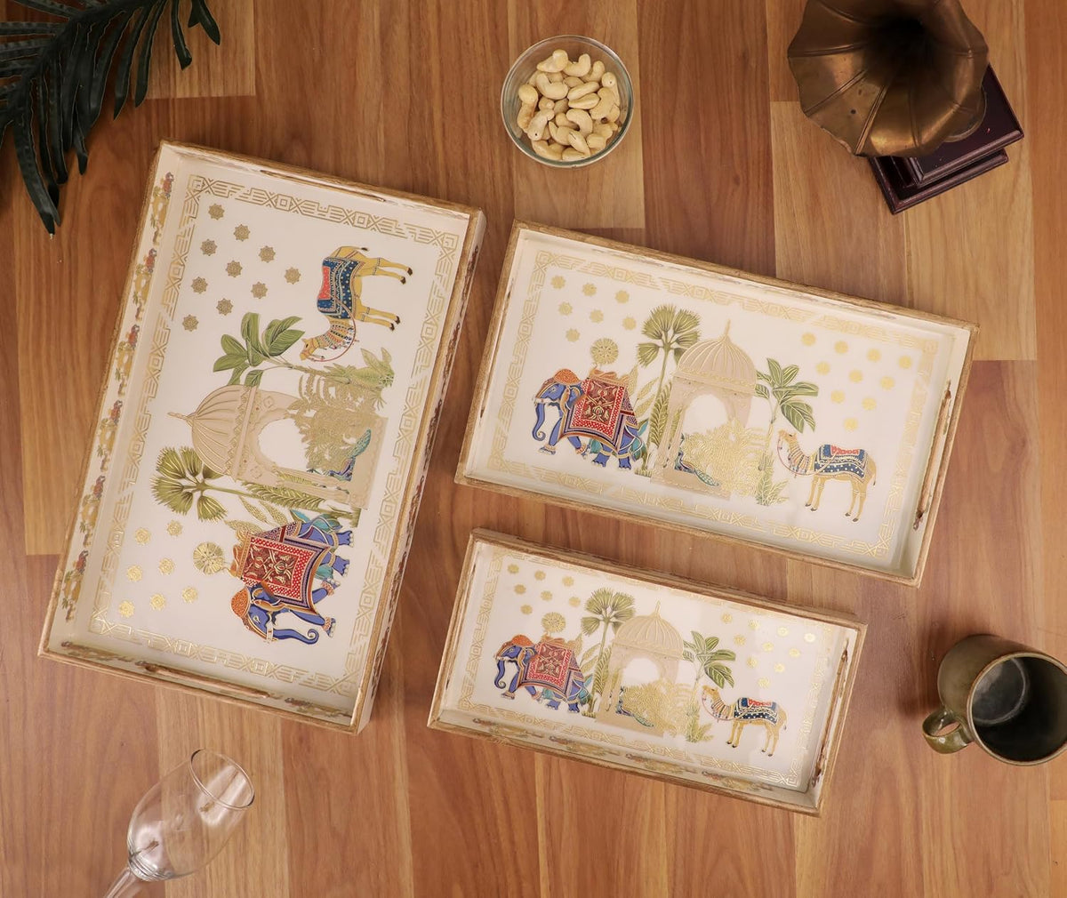 Rectangular Wooden MDF Serving Trays Set of 3 (16x10, 14x8, 12x6 Inches) – Enamelled Finish with Easy-Grip Handles, Perfect for Dining, Tea, Snacks & Home Decor (Royal Elephant)