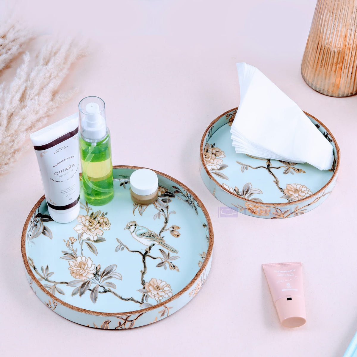 MDF Round Wooden Serving Tray | Pack of 2 | Enamel Finished Trays - Size : 9x9, 7x7 Inches | Handcrafted Wooden Tray for Kitchen & Dining (Blue Birds)