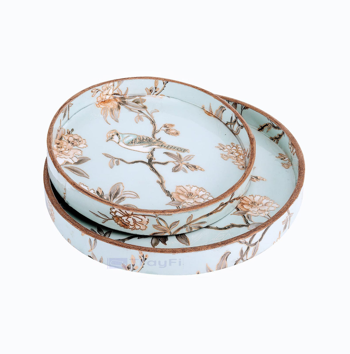 MDF Round Wooden Serving Tray | Pack of 2 | Enamel Finished Trays - Size : 9x9, 7x7 Inches | Handcrafted Wooden Tray for Kitchen & Dining (Blue Birds)