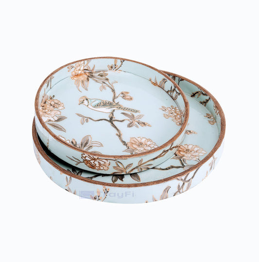 MDF Round Wooden Serving Tray | Pack of 2 | Enamel Finished Trays - Size : 9x9, 7x7 Inches | Handcrafted Wooden Tray for Kitchen & Dining (Blue Birds)