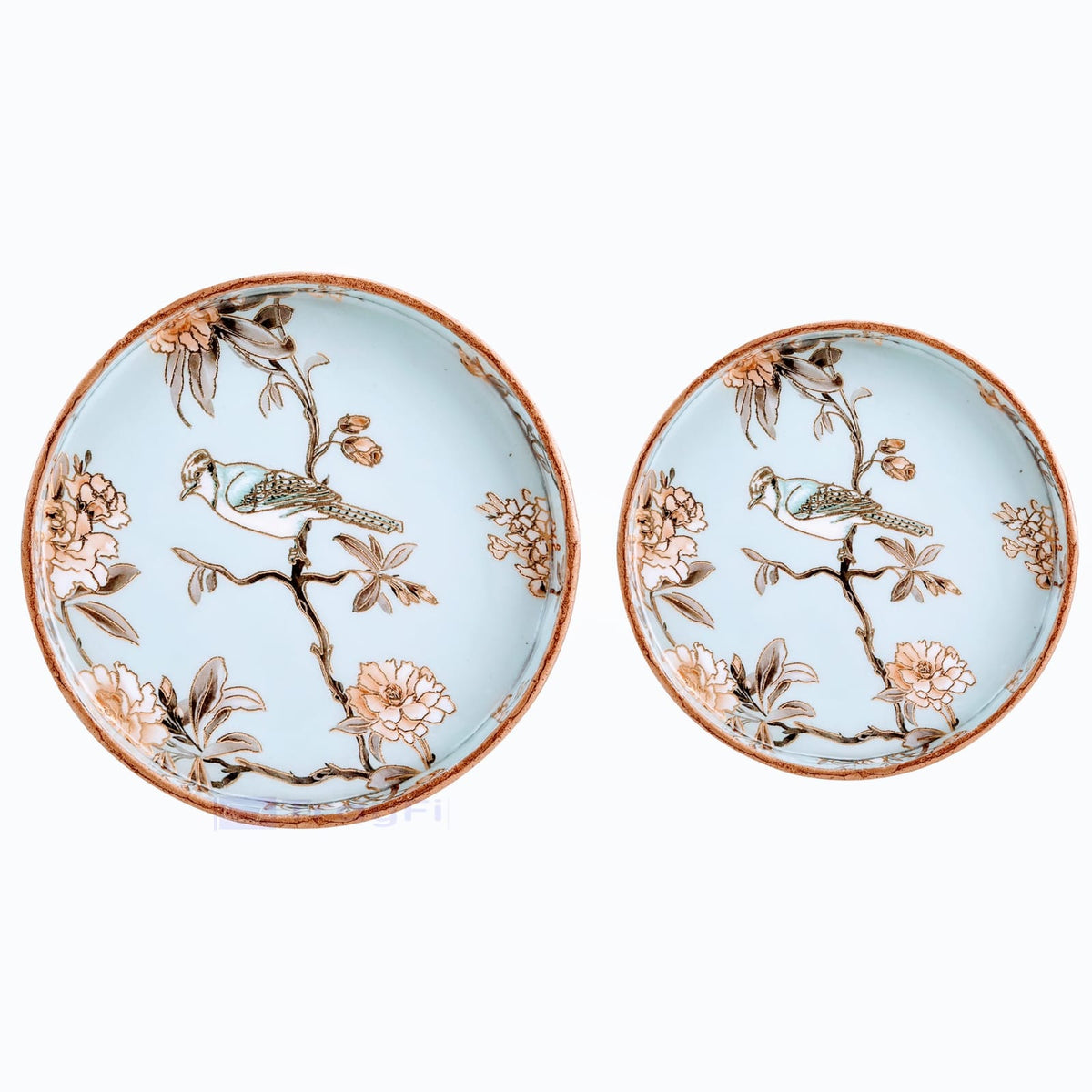 MDF Round Wooden Serving Tray | Pack of 2 | Enamel Finished Trays - Size : 9x9, 7x7 Inches | Handcrafted Wooden Tray for Kitchen & Dining (Blue Birds)